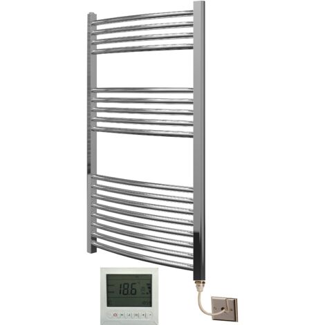 Extra High Heat Output Chrome Electric Towel Rail 600 x 1000mm Curved Bathroom Radiator Heater  + 7 Day  Timer/Thermostat