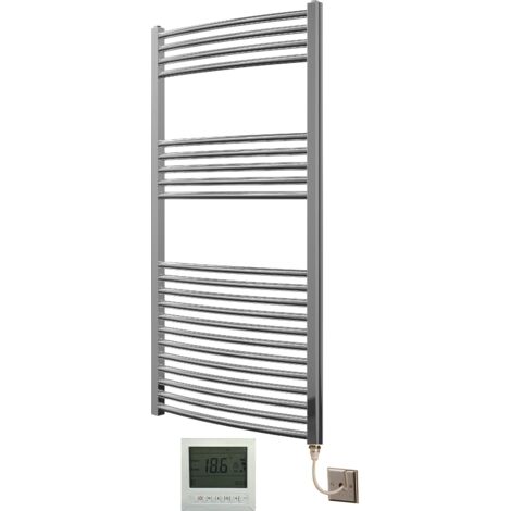 Extra High Heat Output Chrome Electric Towel Rail 600 x 1200mm Curved Bathroom Radiator Heater + 7 Day Timer/Thermostat