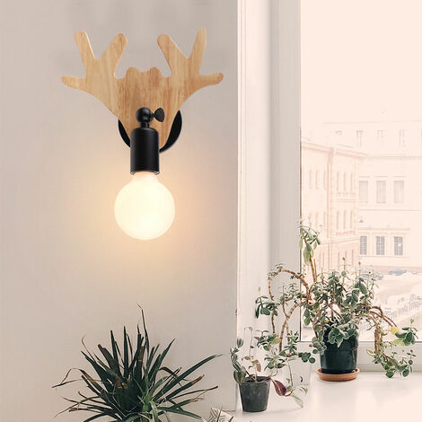 Retro Wooden Wall Lamp Black Modern Cute Deer Wall Light Creative Antler  Wall Sconce for Bar