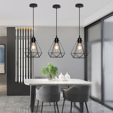 Industrial Pendant Light Retro Diamond Hanging Lamp Ø20CM Height Adjustable  Ceiling Lamp for Living Room Dining Room Bar Balcony Black (3PCS)