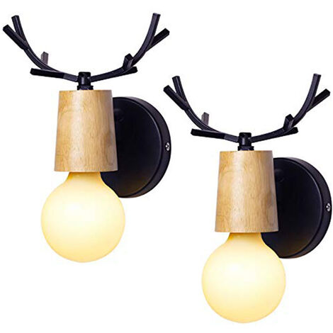 2PCS Nordic Wall Sconce Simple Design Deer Wall Lamp Antlers Wooden Wall Light for Bedroom Living Room Study Room Children Room (Black)