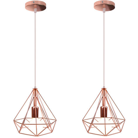 2 Pack Modern Nordic Hanging Lamp Diamond Industrial Pendant Light Retro Metal Shade Vintage Pendant Lamp for Bar Cafe Office Rose Gold