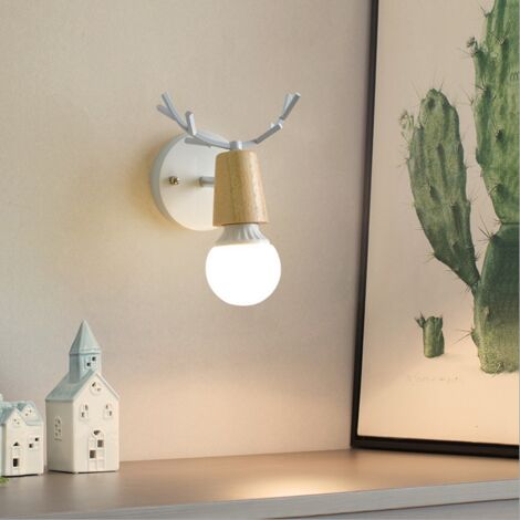 Retro Vintage Wall Lamp White Wall Light,Creative Christmas Deer Wall Sconce Antlers Wall Lamp Modern Metal Wood Wall Light E27
