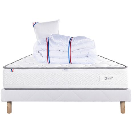 Ensemble Matelas Iris (20 cm) mousse haute densité, ferme, face été/hiver, Sommier blanc (13cm), Oreiller et Couette, 90x190cm (1/5)