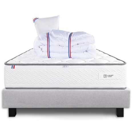 Ensemble Sommier gris (20cm), Matelas Iris (20 cm), mousses haute densité, ferme, face été/hiver, Oreiller et Couette, 90x190cm (1/5)