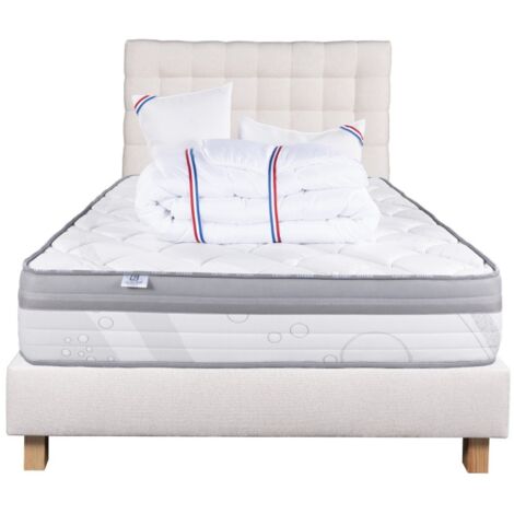 Ensemble Matelas Relaxation, 26 cm, ressorts ensachés, ferme, face été/hiver+sommier beige ep20cm+oreiller+couette+Tête de Lit, 140x200cm (1/5)