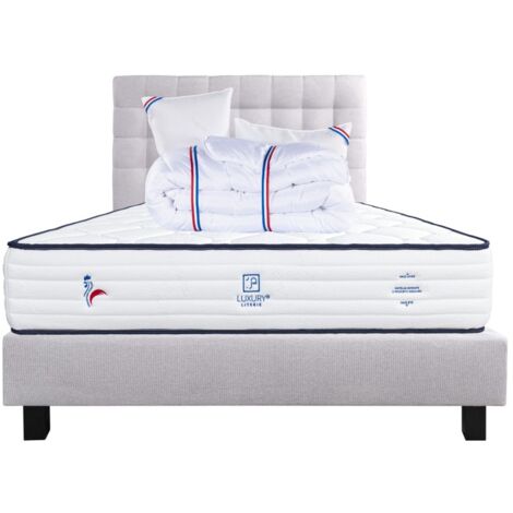 Ensemble Matelas Patriote, 27 cm, ressorts ensachés, ferme, face été/hiver+sommier gris ep20cm+oreiller+couette+Tête de Lit, 140x200cm (1/5)