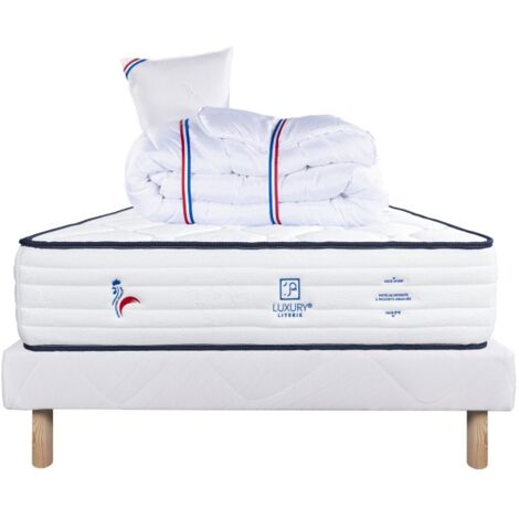 Ensemble Matelas Patriote, 27 cm, ressorts ensachés, ferme, face été/hiver + sommier blanc ep 13cm + oreiller + couette, 90x190cm (1/5)