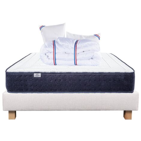 Ensemble Matelas Nuage (24cm), Sommier (20cm), Oreiller et Couette, mousses haute densité, mi-ferme, face été/hiver, 140x200cm (1/5)