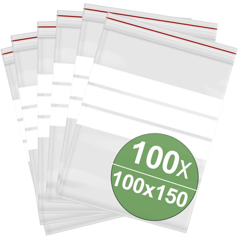 Sachet zip à bandes blanches 100 x 150 mm, Résistant, Transparent