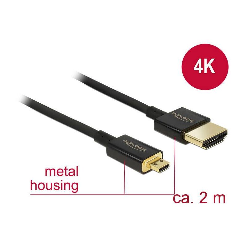 Câble de raccordement Delock HDMI Fiche mâle HDMI-A, Fiche mâle HDMI-Micro-D 2.00 m noir 84783 4K UHD, contacts dorés Câble HDMI C697741