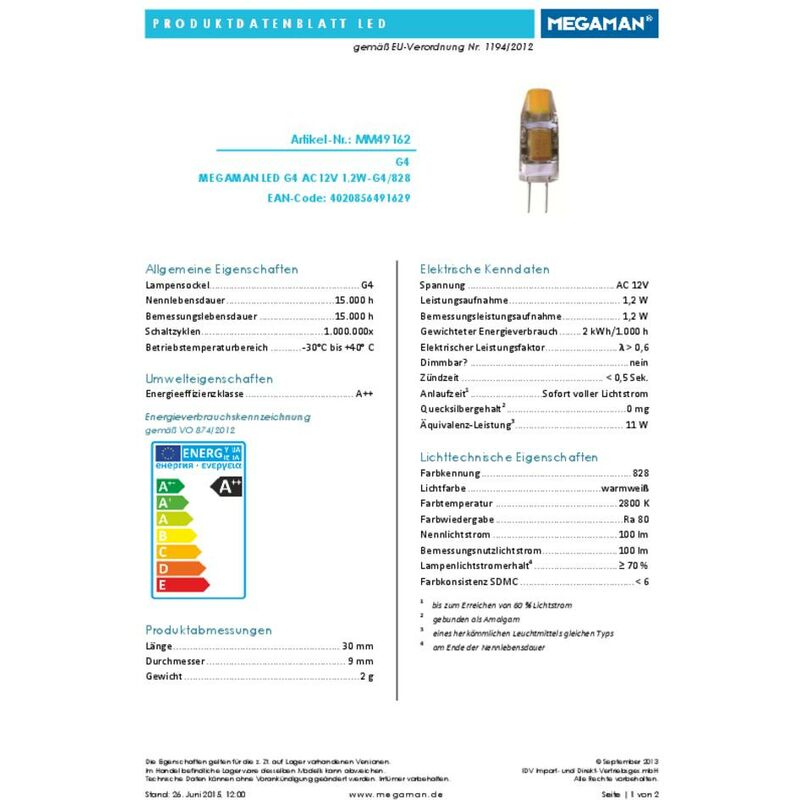 Led G4 Megaman Mm 1 2 W 11 W Blanc Chaud O X L 9 00 Mm X 30 Mm 1 Pc S Y