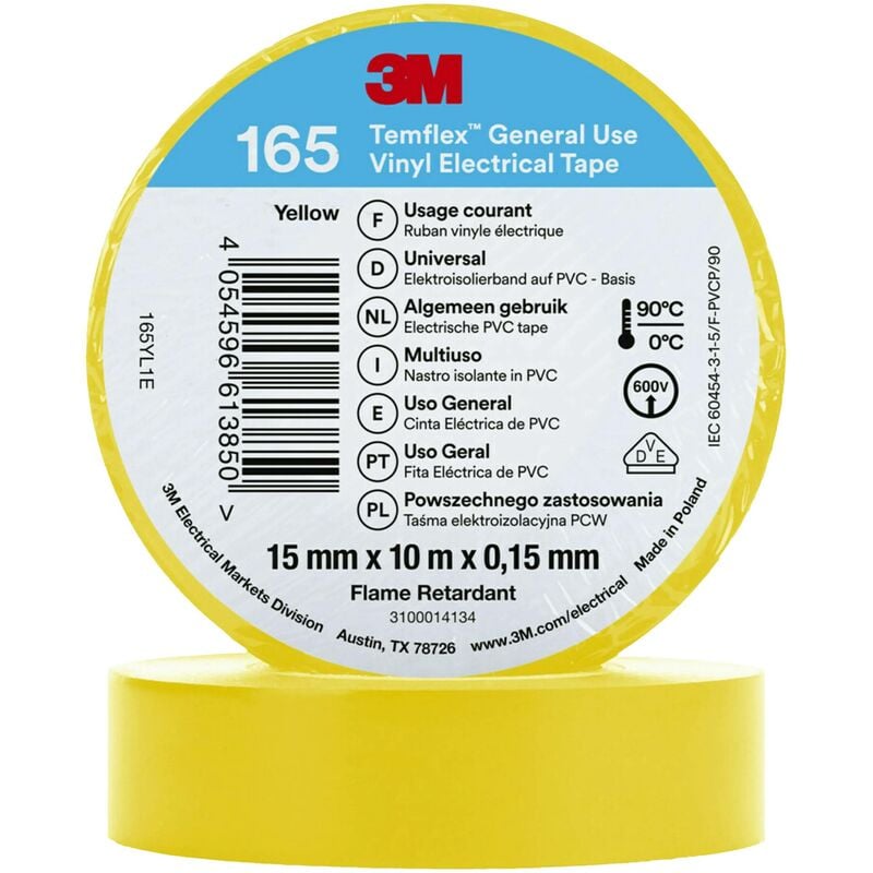 3M Temflex™ 165 165YL1E Ruban isolant Temflex™ 165 jaune (L x l) 10 m x 15 mm 1 pc(s) S016542