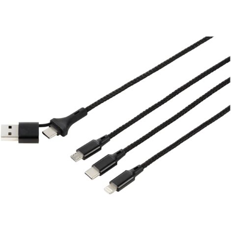 Renkforce Câble de charge USB USB 2.0 USB-A mâle, USB-C® mâle, USB-Micro-B mâle, Connecteur Lightning , USB-C® mâle 3.00 m alcantara noir conne D373312