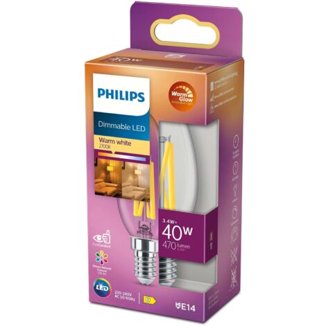 Philips ampoule LED Flamme E14 40W Blanc Chaud Claire, Verre, Compatible Variateur
