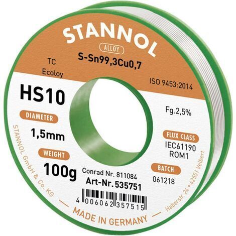 Stannol HS10 2510 Étain à souder sans plomb bobine Sn99,3Cu0,7 ROM1 100 g 1.5 mm (1/4)