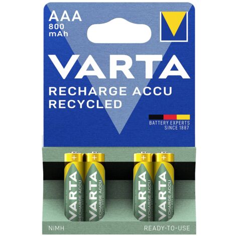 Varta – Pile rechargeable NiMH AAA 800 mAh – Tension 1.2 V – Lot de 4 – Technologie Ready to Use avec 11% de matériaux recyclés - X013581