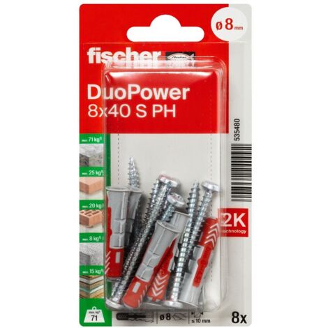 Fischer – Cheville tous matériaux 8 x 40 mm – Charge maximale 200 kg – Adaptée béton, brique, plaques de plâtre – Lot de 8 chevilles et vis incluses - V887103
