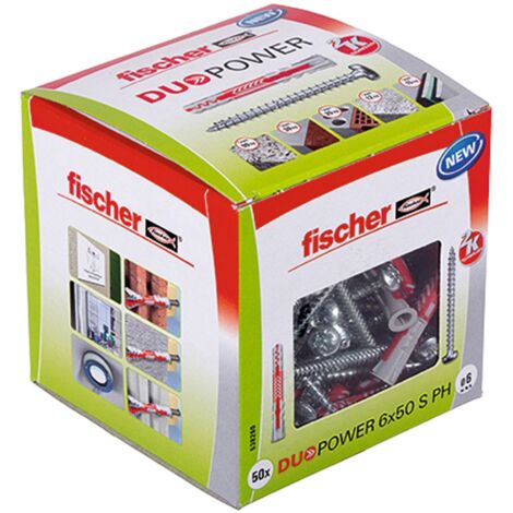Fischer – Cheville DUOPOWER 6x50 mm – 50 pièces pour béton et matériaux perforés – Résistance optimale avec ailettes d'expansion – Vissage facile - C443921
