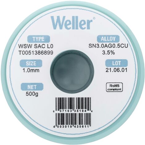 Étain à souder sans plomb Sn3,0Ag0,5Cu 1 mm Weller WSW SAC L0 bobine 500 g (1/5)