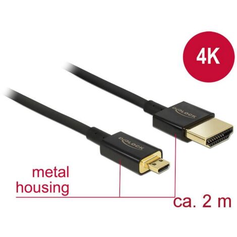 Câble de raccordement Delock HDMI Fiche mâle HDMI-A, Fiche mâle HDMI-Micro-D 2.00 m noir 84783 4K UHD, contacts dorés Câble HDMI C697741