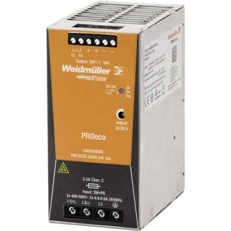 Alimentation pour rail DIN Weidmuller, série PRO ECO, 24V c.c.out 10A, 240W ( Prix pour 1 ) (1/3)