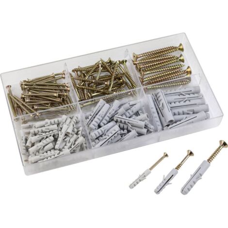 Assortiment de chevilles et vis 150 pièces – Chevilles PP 5/6/8mm – Vis zinguées 3x30mm et 5x40mm – Pour béton et bois dur - Y649711