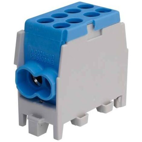 Bornier bleu enclipsable sur rail DIN – 2 bornes pour câbles jusqu'à 25 mm² – Dimensions réduites 45 x 20 x 40 mm – Connexion Neutre – Pollmann
