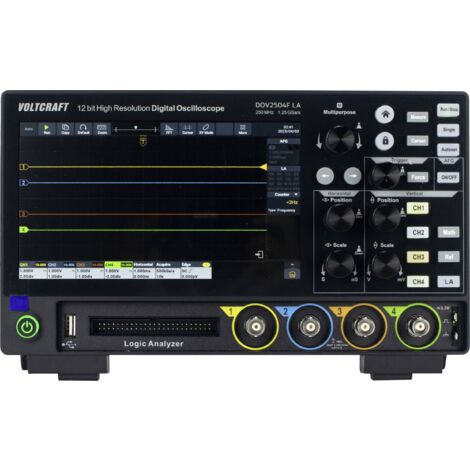 Oscilloscope numérique VOLTCRAFT DOV2504F LA 250 MHz 4 canaux 1.25 Géch/s 100 Mpts 12 bits mémoire numérique (DSO), générateur de fonction, anal Y374053