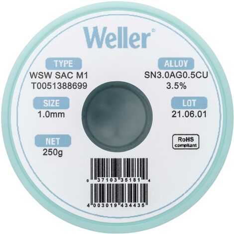 Étain à souder sans plomb Sn3,0Ag0,5Cu 1 mm Weller WSW SAC M1 bobine 250 g (1/5)