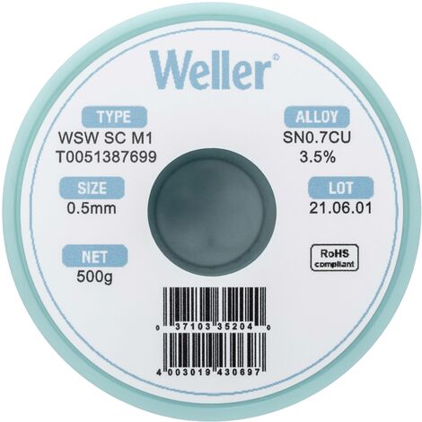 Étain à souder sans plomb Sn0,7Cu 0.5 mm Weller WSW SC M1 bobine 500 g (1/5)