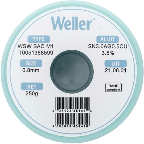 Étain à souder sans plomb Sn3,0Ag0,5Cu 0.8 mm Weller WSW SAC M1 bobine 250 g (1/5)