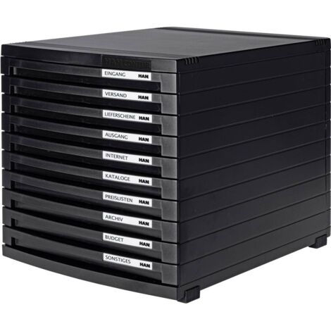 Caisson à tiroirs 151013 noir – 10 tiroirs DIN A4/B4/C4 – Dimensions 300x382x307mm – Matériau plastique de qualité – HAN