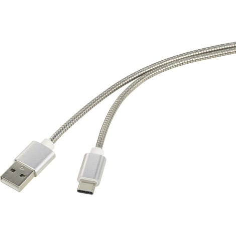 Renkforce Câble USB USB 2.0 USB-A mâle, USB-C® mâle 0.50 m argent gaine de câble en acier inoxydable RF-4888674 X503361