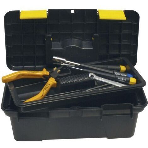 Boîte à outils vide RB25 – Plastique noir et jaune – 2 rabats de fermeture – Poignée de transport – Tablette intermédiaire avec règle 200mm – Donau Elektronik