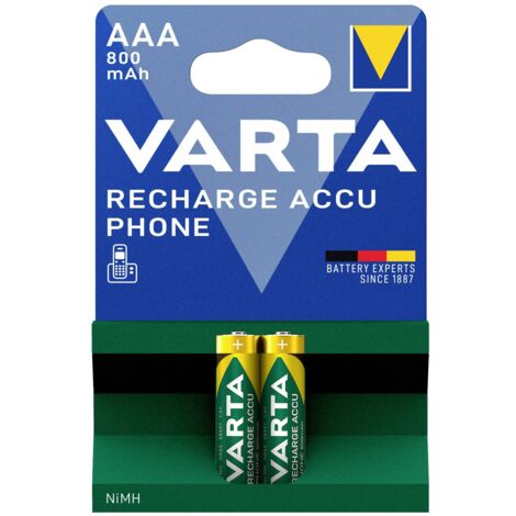 Varta – Lot de 2 piles rechargeables LR3 (AAA) NiMH 800 mAh 1.2 V – Performance optimale pour téléphones sans fil – Rechargeable sans effet mémoire - A39297