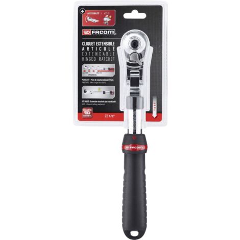 Facom – Clé à cliquet télescopique 1/2" – Longueur réglable 304-437 mm – 72 dents – Angle de reprise 5° – Mécanisme résistant à la poussière