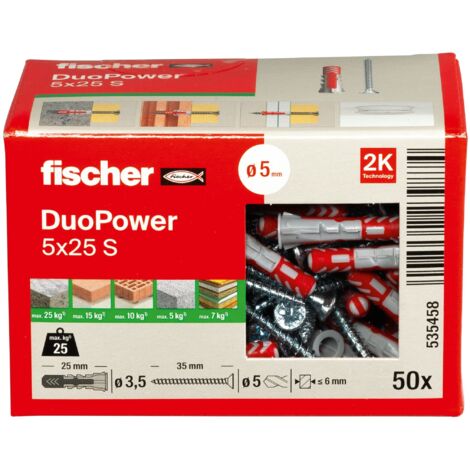 Fischer – Cheville DUOPOWER 5x25 S LD – Lot de 50 pièces – Pour béton et brique pleine – Résistance optimale avec ailettes d'expansion - C461891