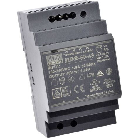 MEAN WELL HDR-60-48 Alimentation rail DIN 48 V/DC 1.25 A 60 W Nbr. de sorties:1 x Contenu 1 pc(s) (1/4)