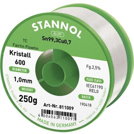 Stannol Kristall 600 Fairtin Étain à souder sans plomb sans plomb Sn99,3Cu0,7 REL0 250 g 1 mm (1/4)