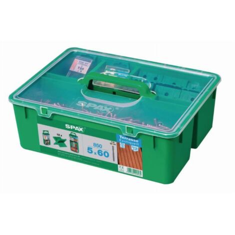 Spax – Kit de 850 vis inox A2 pour terrasse – Ø 5,0mm x 60mm – Tête cylindrique – Compatible bois exotique – Boîte réutilisable (1/6)