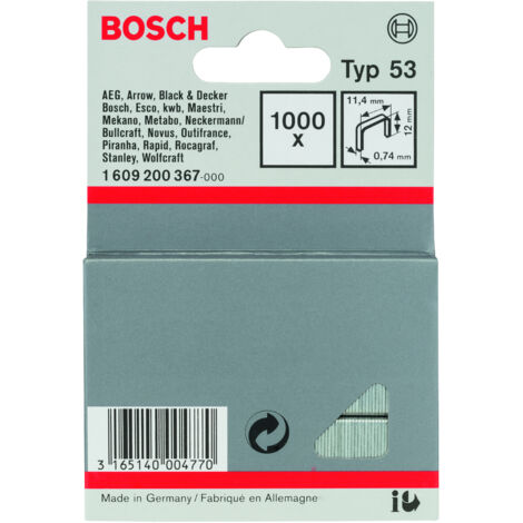 Bosch – Agrafes type 53 12mm 1000 pièces – 1609200367 – Pour fixation textiles et cartons – Dos étroit pour finition discrète
