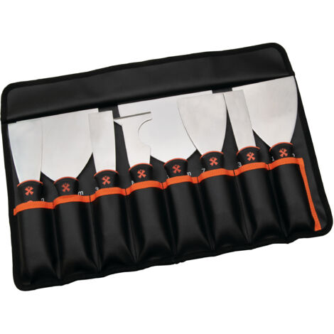 Trousse 7 couteaux américains + 1 multi-usages bimatière – Lames inox flexibles et polies brillant – Poignées bimatières – Trousse simili cuir lavable (1/5)