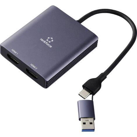 Renkforce RF-6418198 USB-C® / HDMI Adaptateur [1x USB-A, USB-C® - 2x HDMI®] gris 4K UHD 15 cm (1/5)
