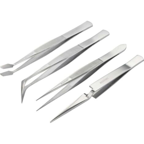 Jeu de pinces brucelles 4 pièces BT2108046 – Acier inoxydable – Pince à épiler, pince incurvée, pincette plate, cruciforme – Précision pour atelier – Basetech - Q767182