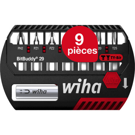 Wiha Jeu d'embouts BitBuddy I Embout TY 29 mm I PH, PZ, TORX® 8 pièces 1/4" C6,3 I Porte embout magnétique I Adapté aux visseuses à impact et à percussion (42138) (1/5)