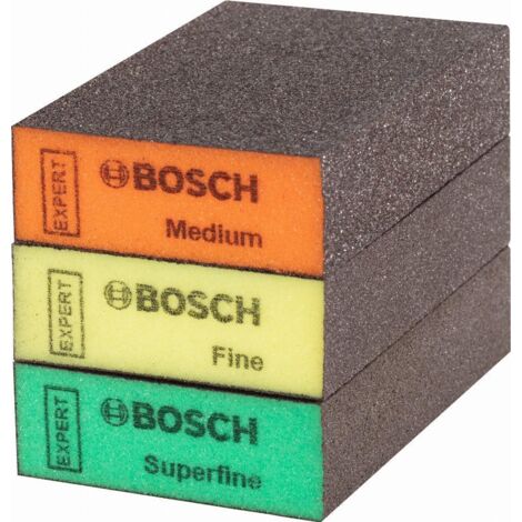Bosch – Éponge abrasive pour ponçage bois dur – Lot de 3 pièces 69x97x26mm – Grain moyen, fin, superfin – 2608901175