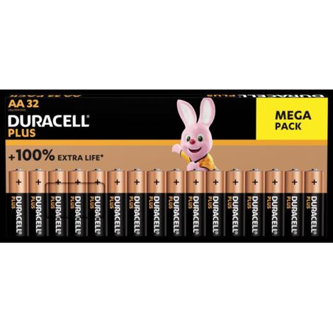 Pile alcaline LR6 (AA) Duracell Plus – 1.5 V – Lot de 32 – Longue durée pour appareils photo, jouets et lampes de poche