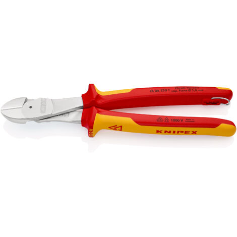 KNIPEX 74 06 250 T Pince coupante de côté à forte démultiplication isolées avec gaines bi-matière, homologuées VDE  avec œillet de fixation isolé intégré pour fixation d'un dispositif antichute chromé