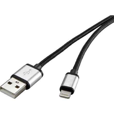 Renkforce Câble USB USB 2.0 USB-A mâle, Connecteur Lightning 3.00 m gris foncé gaine textile RF4683966 S892551